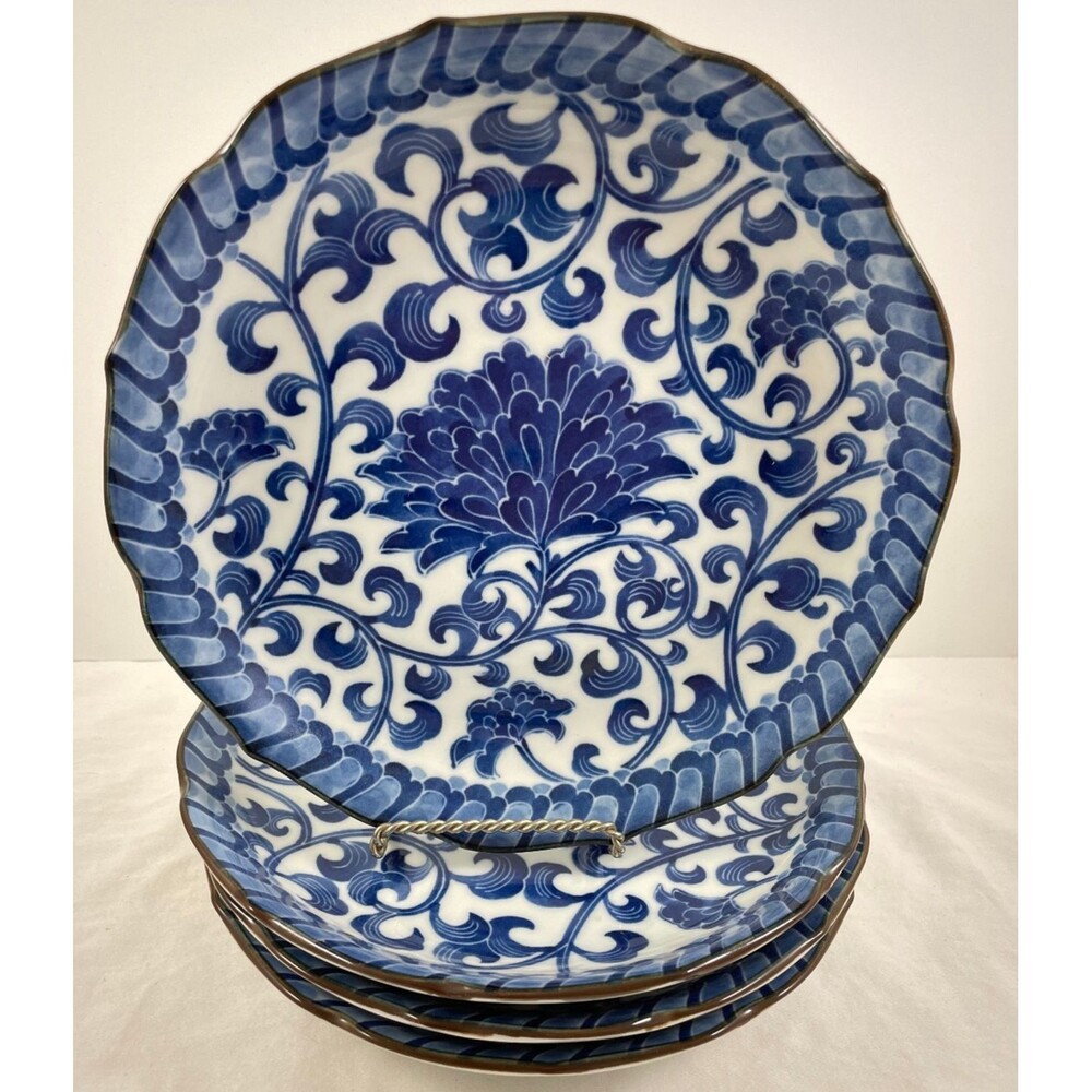 Andrea by Sadek Blue Mum Plate Set of 4 Floral Dish Scalloped Edge 8.75" Japan